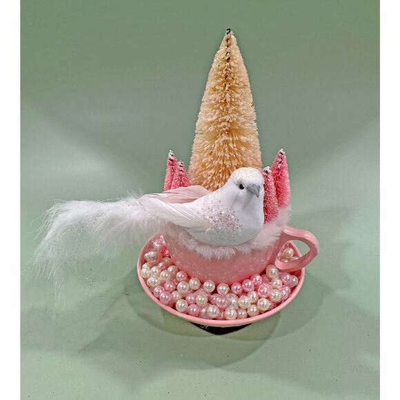 Pink Melmac Cup Christmas Assemblage w/ Bird & Bottle Brush Trees - Picture 3 of 7